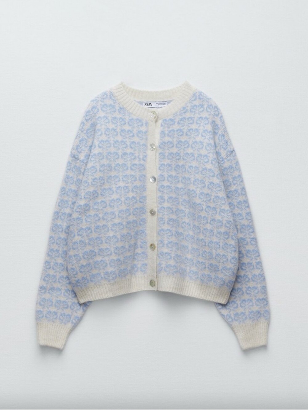 Zara Cream & Light Blue Bow Print Oversized Knit Button Cardigan L